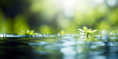 Closeup of small green sprout growing on water surface with blurred backgroundの素材