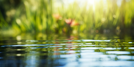 abstract background of green grass and water surface with bokehの素材