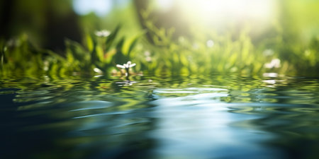 Green grass and flowers in the water with bokeh effect.の素材