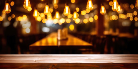 Empty wooden table in front of abstract blurred background of cafe or restaurantの素材