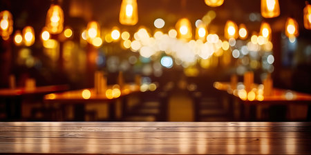Empty wooden table in front of abstract blurred background of night club or barの素材