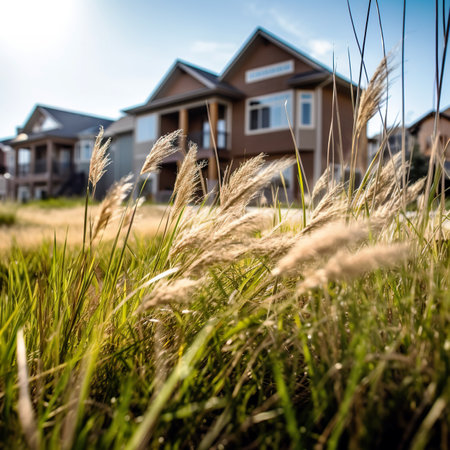 Houses in the countryside with grass in the foreground. House in the background.の素材
