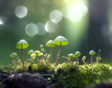 Mushrooms growing in the forest with sunlight and bokehの素材