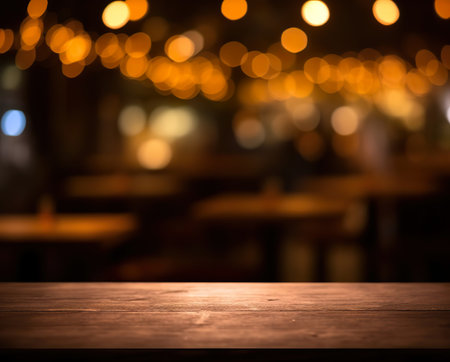 Empty wood table and abstract bokeh light background of restaurant.の素材