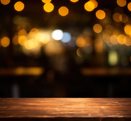 Empty wooden table and abstract bokeh light background of bar.の素材