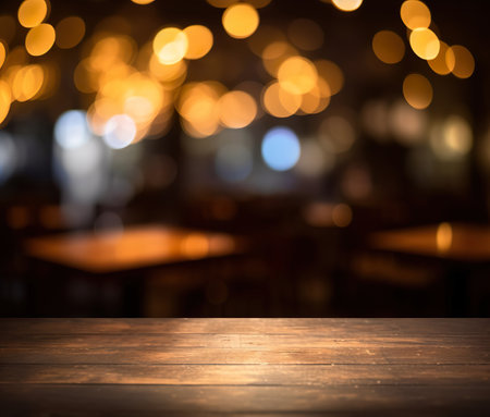 Empty wood table and abstract bokeh light background of night clubの素材