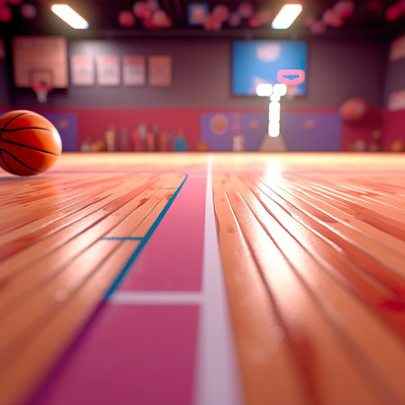 Basketball court with ball and equipment. 3d illustration. Blurred background.の素材