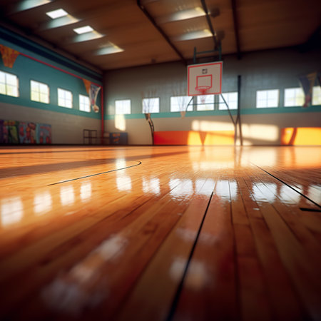 Wooden floor in a gymnasium with basketball hoop and ballの素材