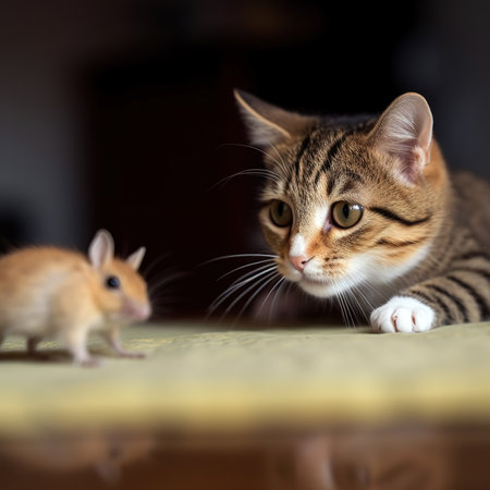 Cute cat and mouse in the room. Selective focus.の素材