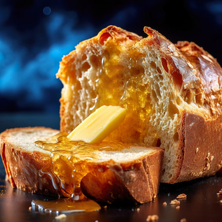 Slice of bread with butter and honey on a black background.の素材