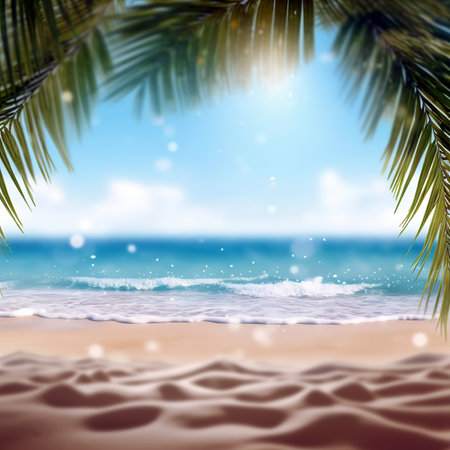 Summer background with tropical beach, sea and palm leaves. EPS10 vector.の素材