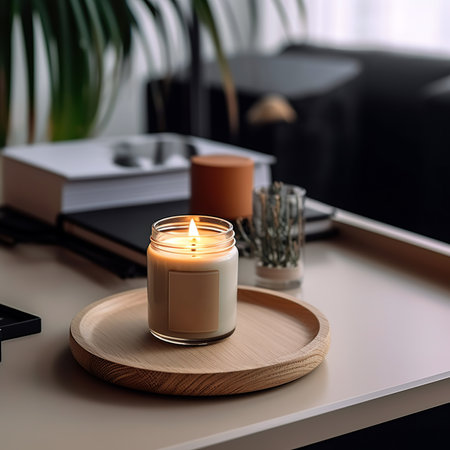 Burning candle on round wooden tray on table in living room interiorの素材