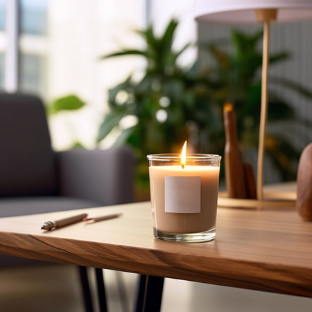Burning candle on table in living room. Interior design and decorationの素材