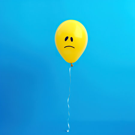 Yellow balloon with sad face on blue background. 3d illustration.の素材