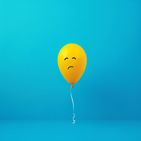 3d render of yellow balloon with sad face isolated on blue backgroundの素材