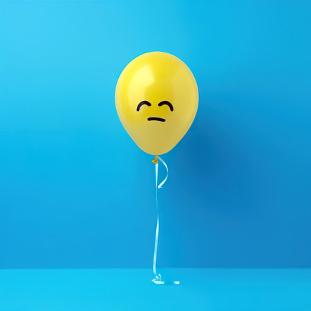 Yellow balloon with sad face on a blue background. 3d renderingの素材