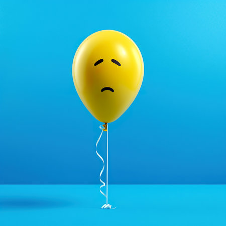 Funny yellow balloon with sad face on blue background. 3d illustrationの素材