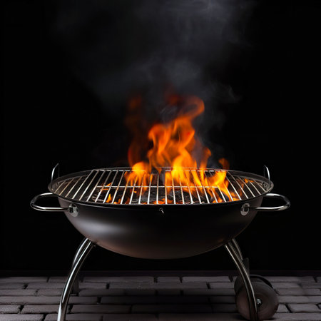 Barbecue grill with fire and smoke on dark background, closeupの素材