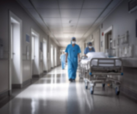 Blurred image of hospital corridor with medical staff on the background.の素材