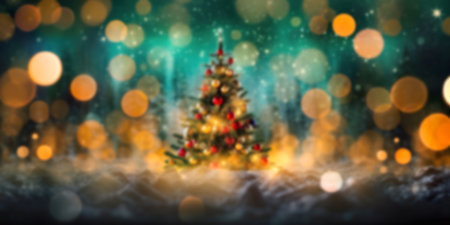 Christmas background with Christmas tree and bokeh lights. 3D renderingの素材
