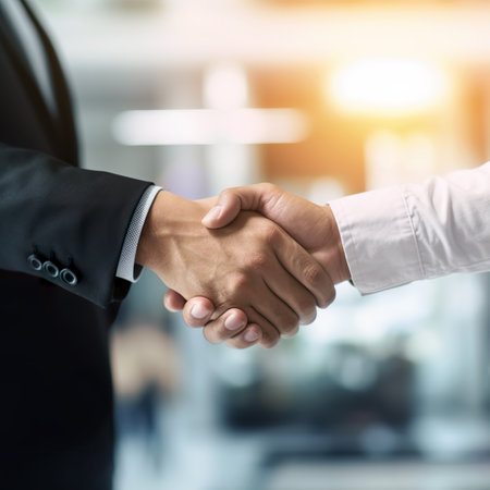 Business people shaking hands, finishing up a meeting or negotiation. Close-up of two unrecognizable businessmen shaking hands with each other.の素材