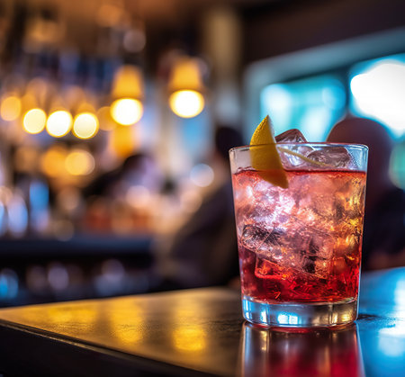 Cocktail on the bar counter in a pub with blurred backgroundの素材