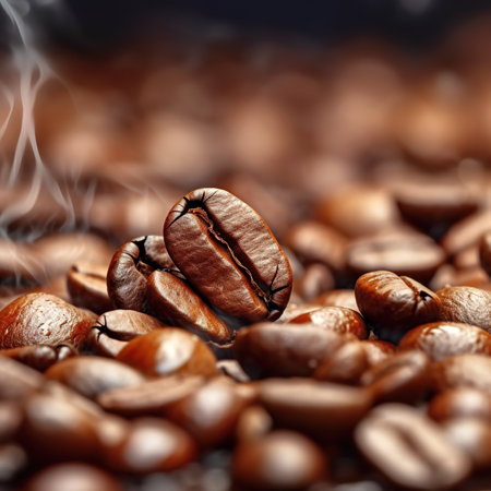 Roasted coffee beans on a dark background. Close-up.の素材