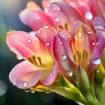 Raindrops on the petals of a beautiful pink lily.の素材