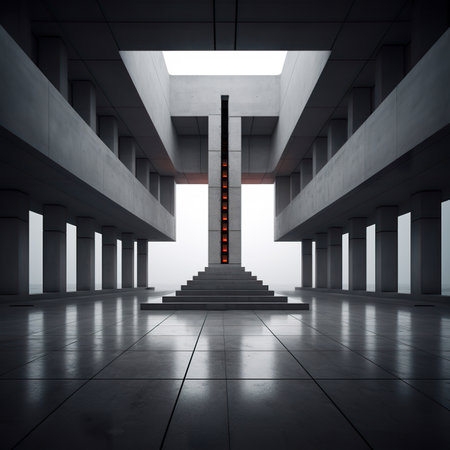 3D rendering of an empty corridor with a staircase leading to the exitの素材