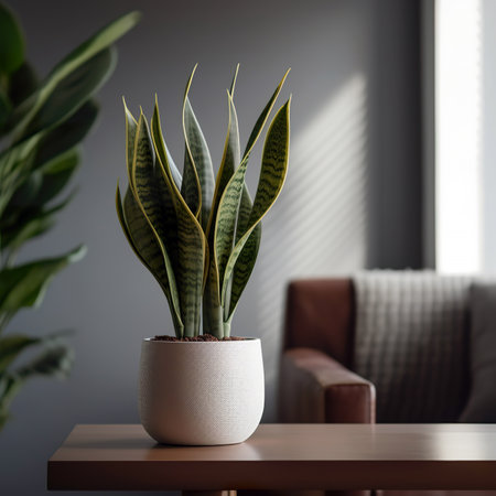 Sansevieria trifasciata plant in white pot on wooden table in modern living roomの素材