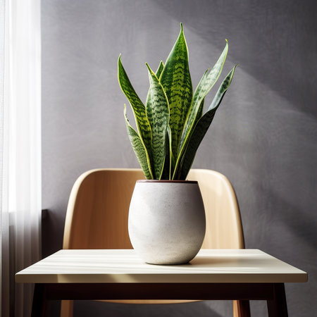 Vase with sansevieria plant on the table in the roomの素材