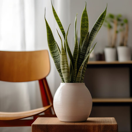 Sansevieria plant in white vase on a wooden tableの素材