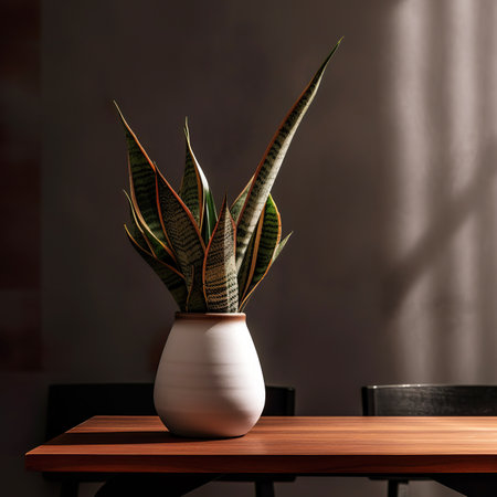 Sansevieria plant in a vase on a wooden tableの素材