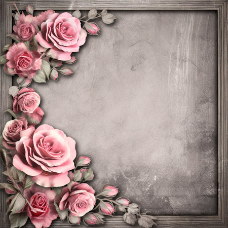 Vintage floral frame with pink roses on grunge textured backgroundの素材