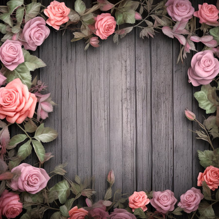 Frame of pink roses on a wooden background. Place for text.の素材