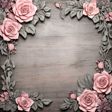 Frame of pink roses on a wooden background. Place for text.の素材