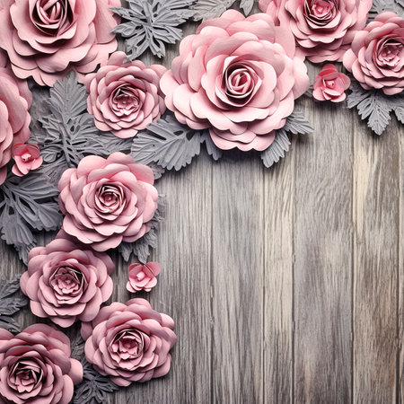 Paper flowers on a wooden background. Top view with copy space.の素材