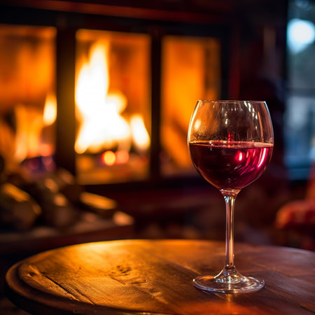 A glass of red wine on a wooden table in front of a fireplace.の素材