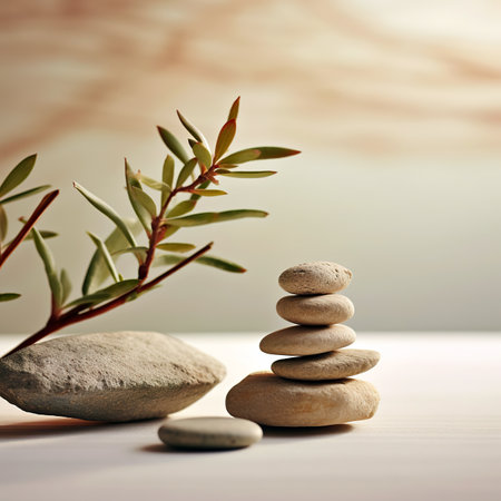 zen stones with eucalyptus branch on white wooden tableの素材