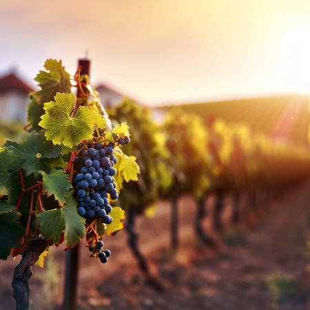 Ripe grapes on vineyards at sunset, Tuscany, Italyの素材