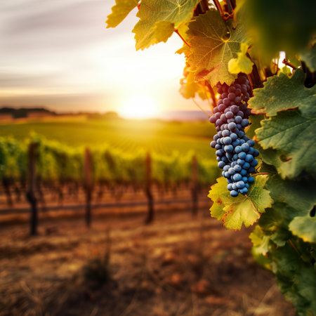 Bunch of red and blue grapes in vineyard at sunset.の素材