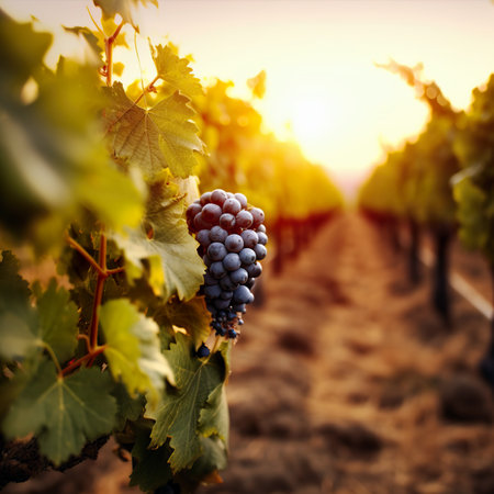 Ripe grapes in vineyard at sunset. Winemaking conceptの素材
