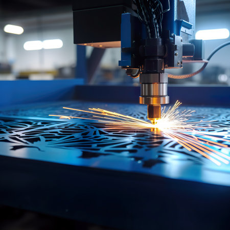 The fiber laser cutting machine cutting the sheet metal with the sparking light.の素材