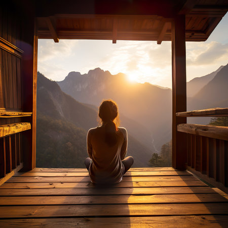 Young woman sitting on wooden terrace and looking at beautiful view of mountainsの素材