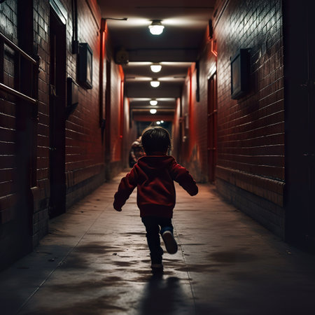 A little boy in a red coat is running through a dark corridor.の素材
