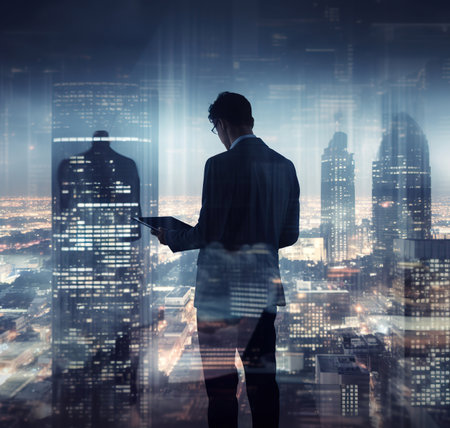 Back view of businessman looking at night city with double exposure of business graph. Concept of success. Toned imageの素材