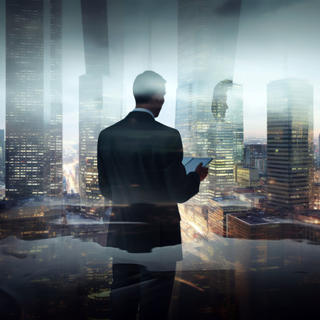 Back view of businessman with tablet and modern city at background. Double exposureの素材