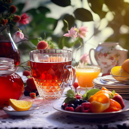 Cup of tea with fruits and berries on a wooden table.の素材