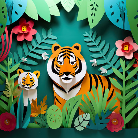 Paper art of tiger and flower with nature background. Vector illustration.の素材