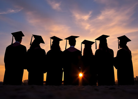 Silhouette of a group of graduates on the sunset background.の素材
